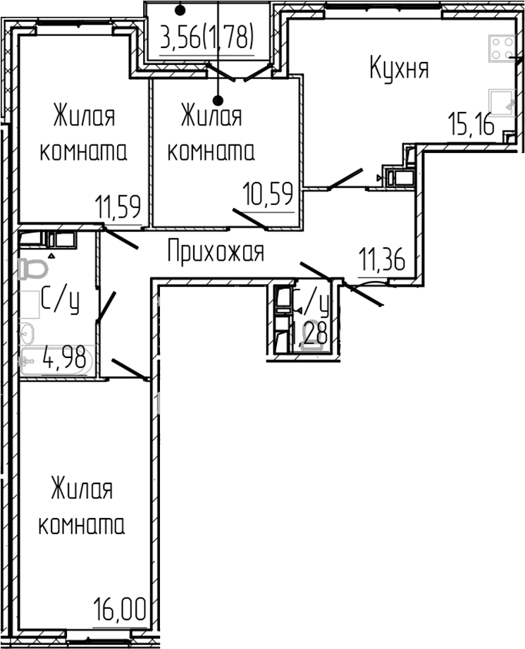 3-комнатная квартира 72.74 м², 8/8 эт., ЖК «SERTOLOVO PARK»